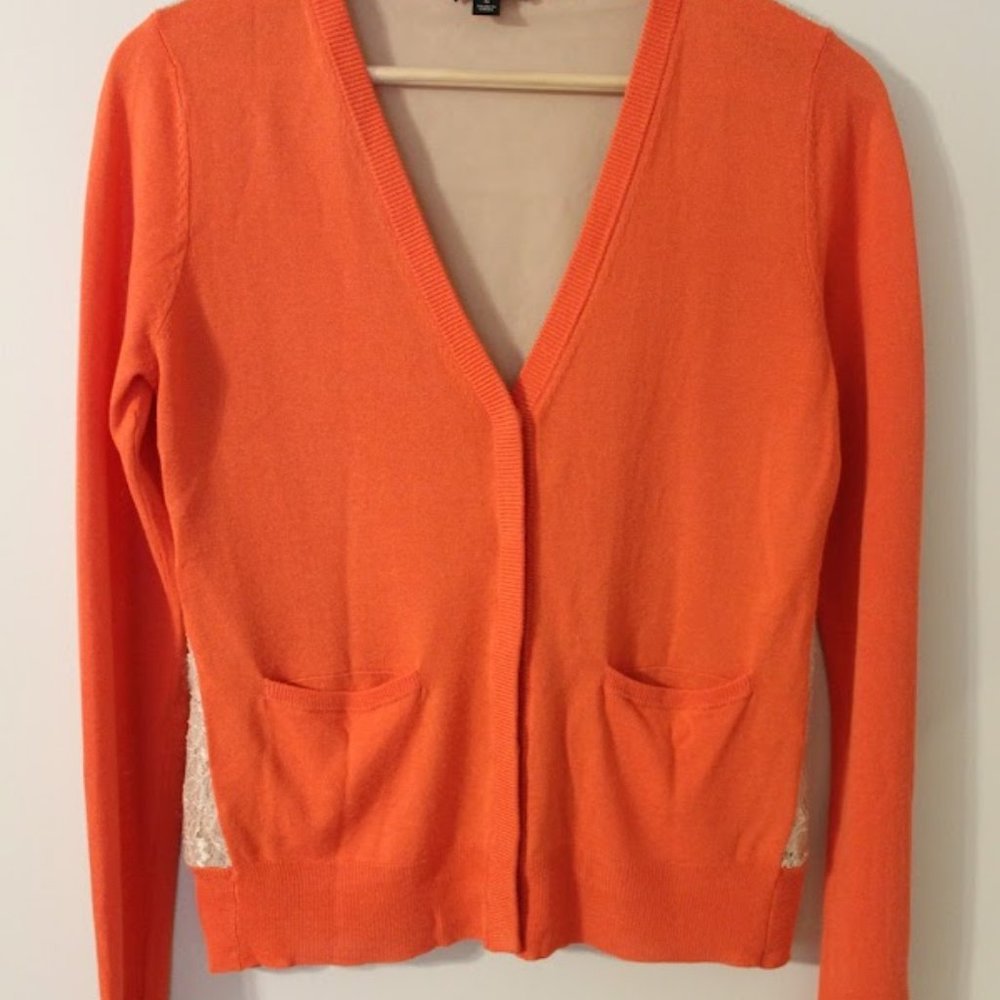 Ann Taylor Orange Cardigan with Cream Lace Detail